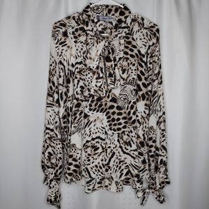 Jennifer Lopez Button Bow Tie Neck Top Medium Animal Satin Print Old Money 00s